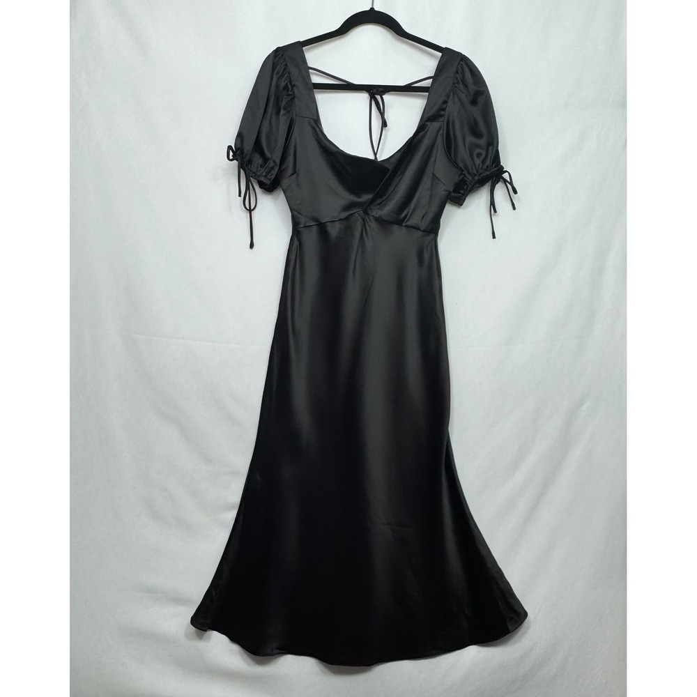 Fate Black Satin Puff Sleeve Tie-Back Midi Dress Size Small